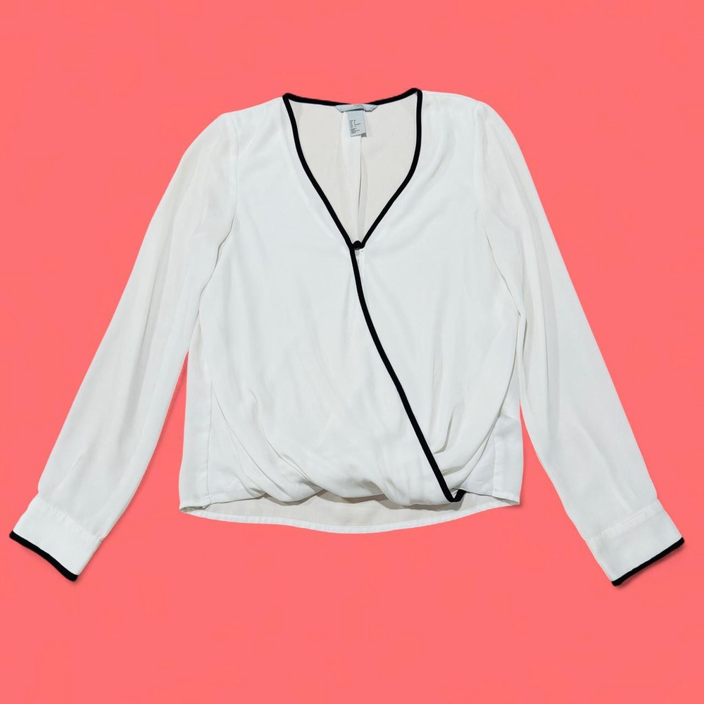 H&M Black White Wrap Preppy Coquette Mod Sheer Blouse 4